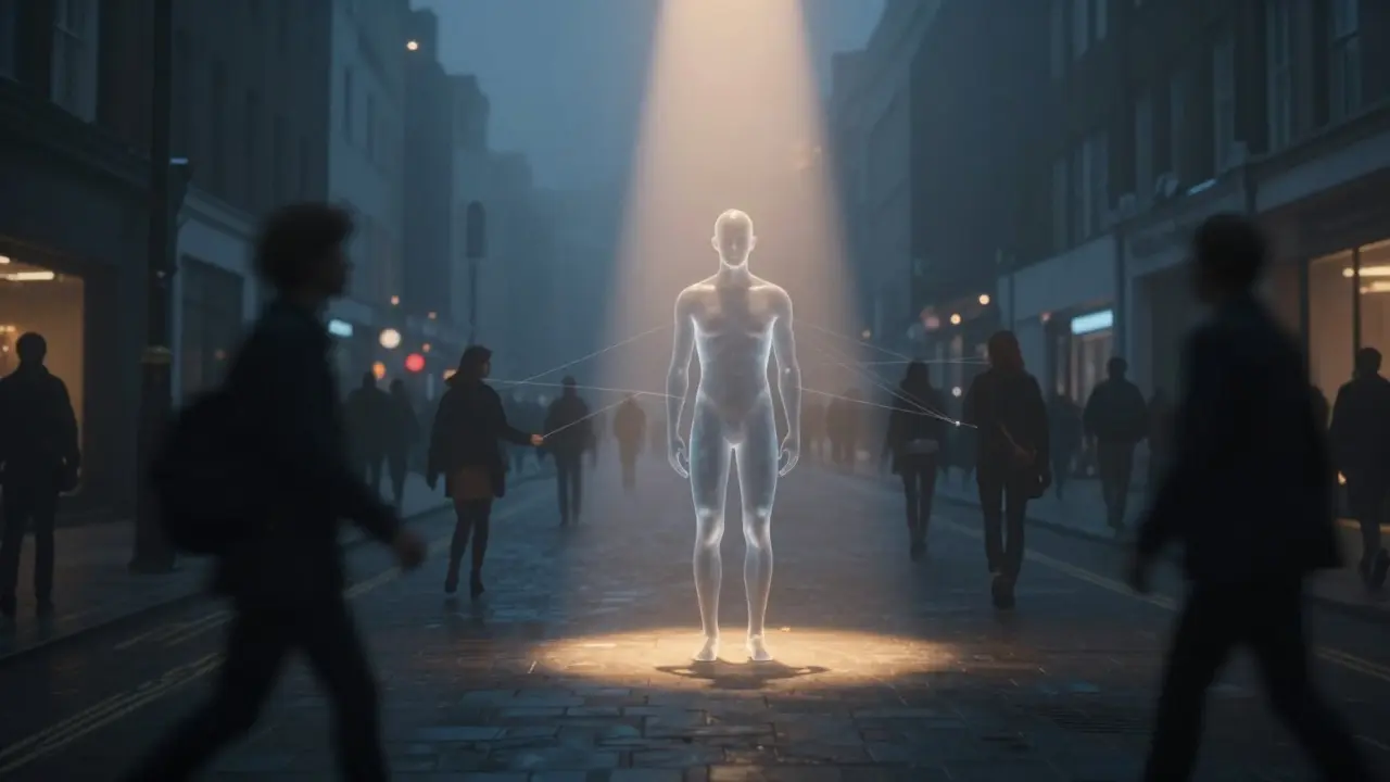 A glowing figure in a foggy London street connected by light threads to distant people, symbolizing emotional companionship.