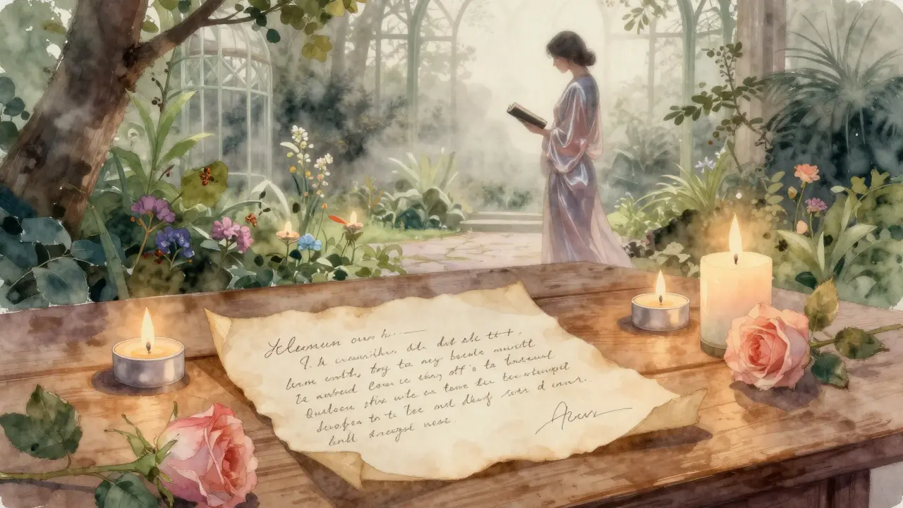 A handwritten note lies in a misty garden as a woman stands in silhouette, evoking a poetic, introspective Berlin moment.