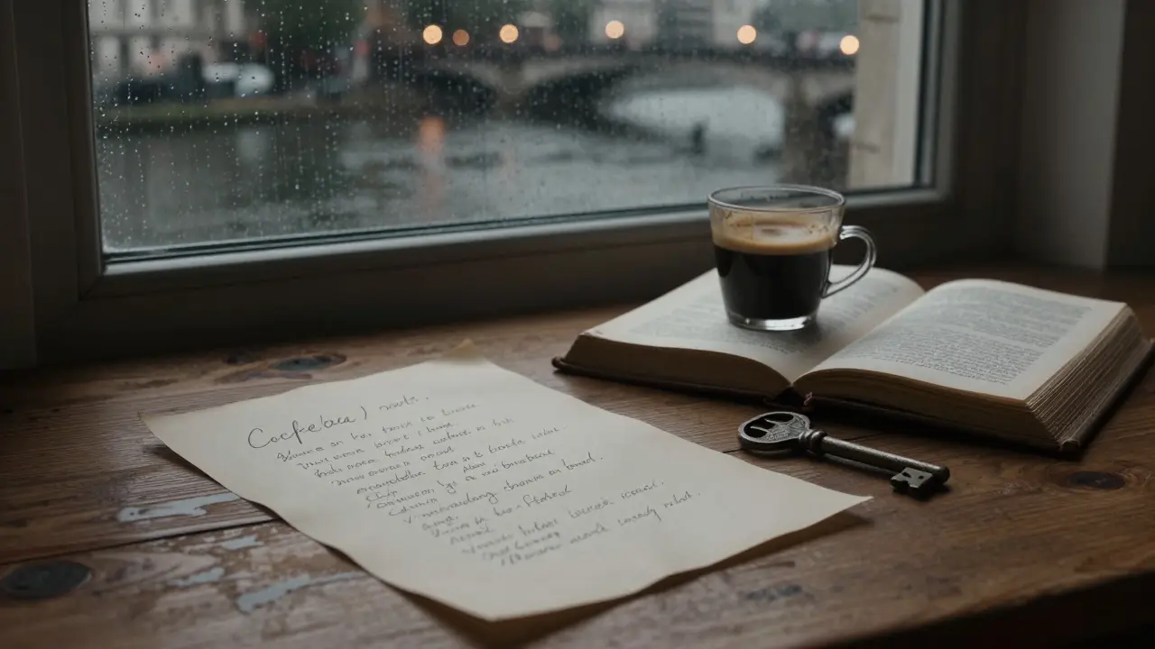 A handwritten note, open book of poetry, and espresso rest on a table beside a rainy Seine window view.