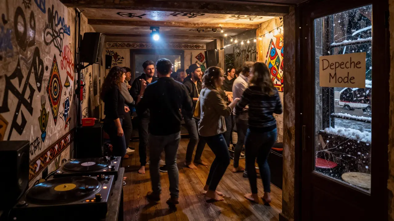 A hidden basement club in Kadıköy where people dance to vinyl under strobe lights, with snowflakes drifting through a window.