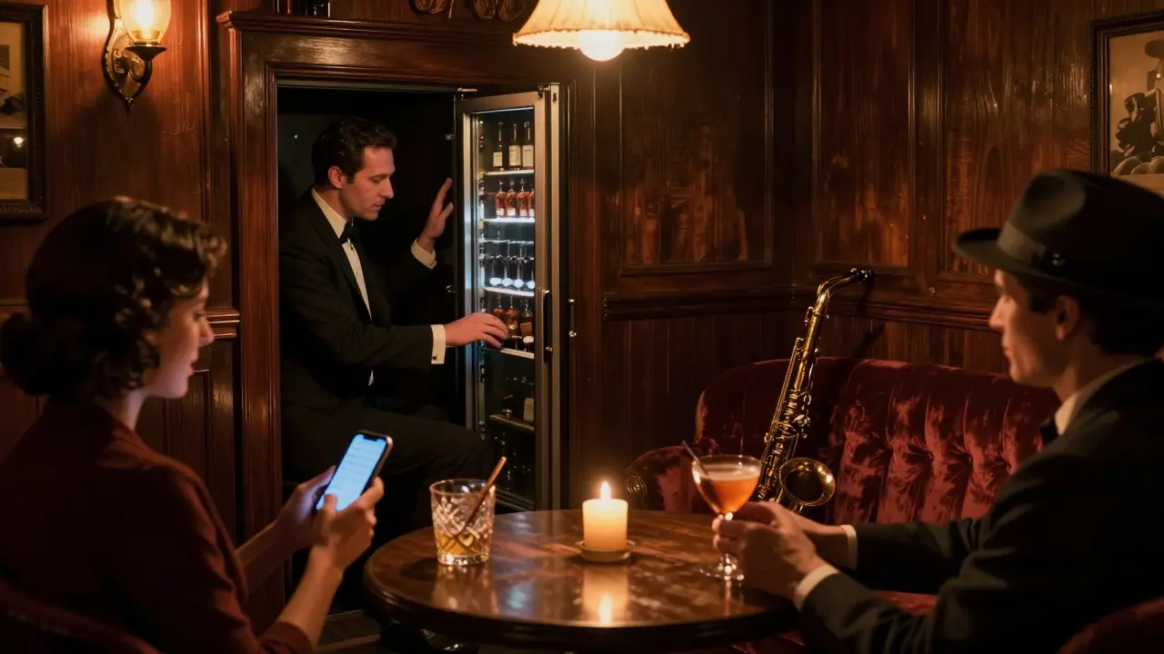 A hidden jazz speakeasy with a pianist playing and patrons enjoying vintage cocktails in soft candlelight.