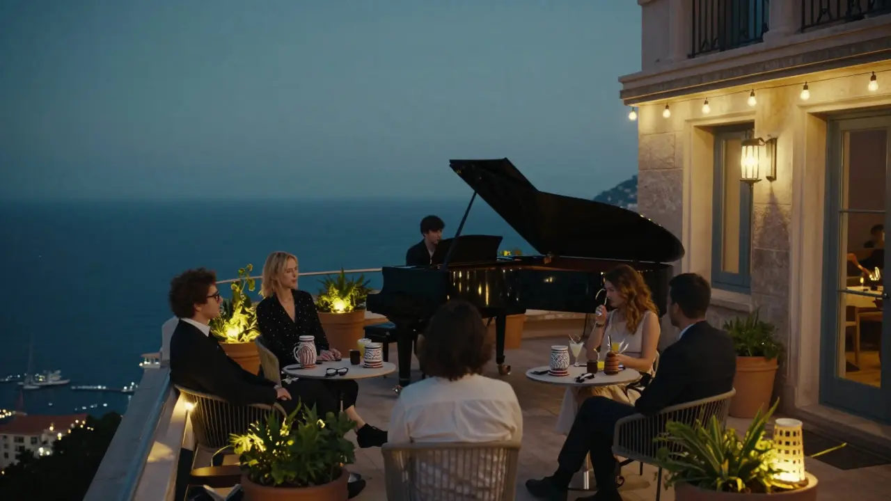 A hidden rooftop terrace with a pianist playing under the stars, overlooking Monaco's harbor.