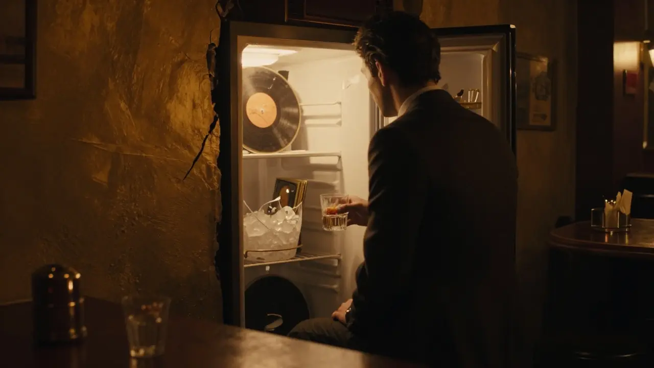 A hidden speakeasy entrance behind a fake refrigerator, glowing softly from within.
