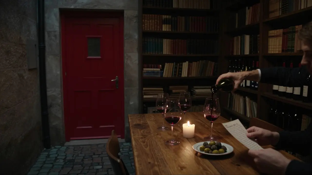 A hidden wine bar with a red door, lit by candlelight, where wine is poured at a wooden table.