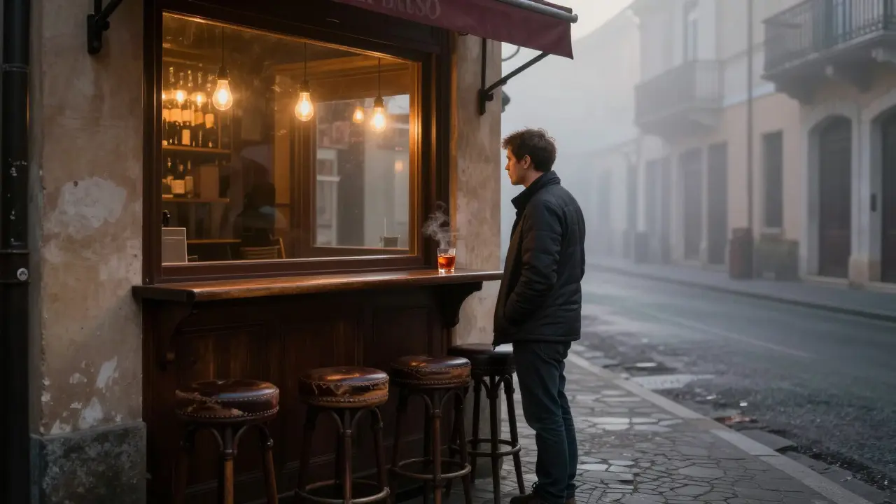 A lone person outside Bar Basso at dawn, the historic bar’s warm light glowing through its window with a Negroni on the counter.