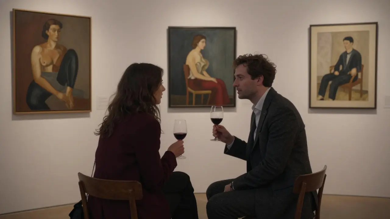 A man and woman engage in quiet conversation at a private art gallery opening in Le Marais.