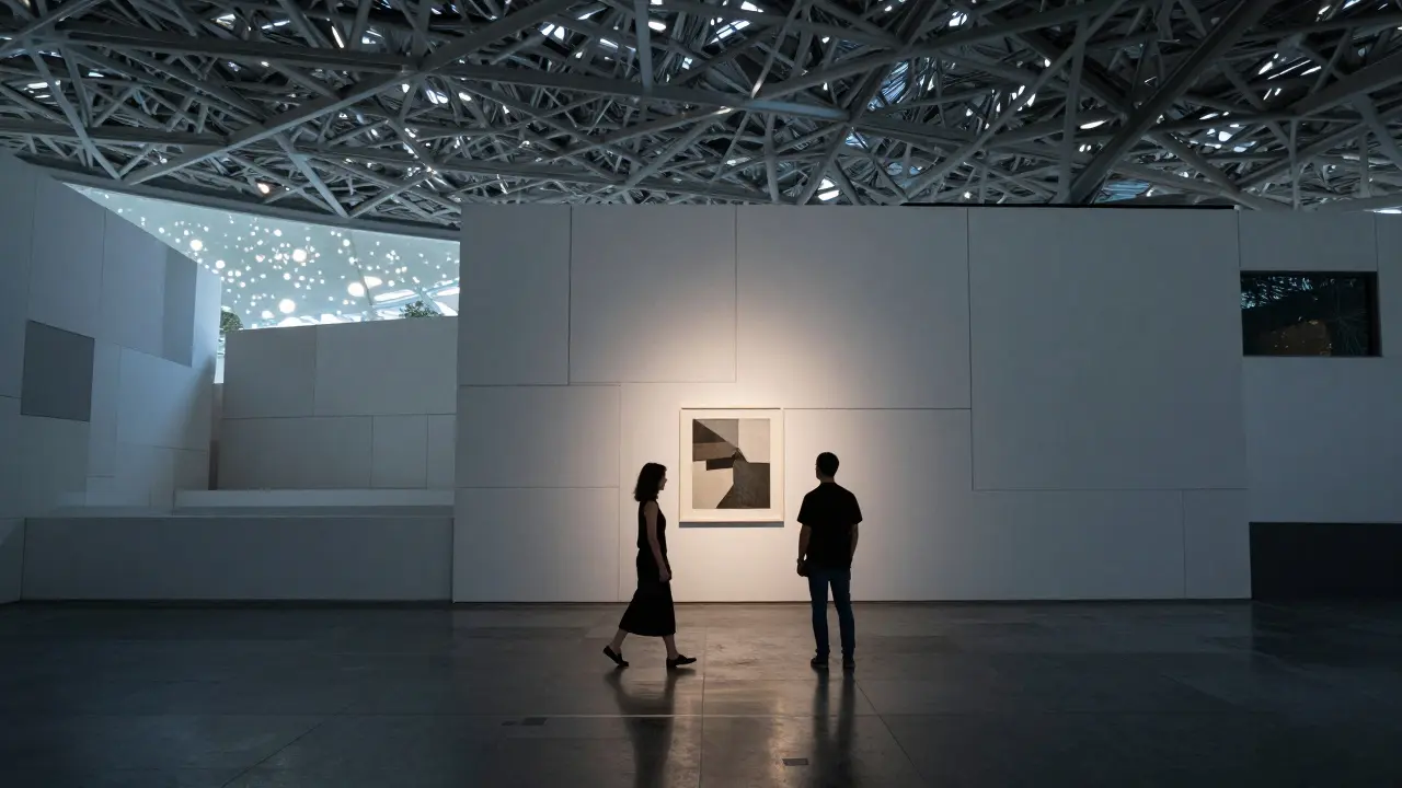 A man and woman quietly viewing art in the empty Louvre Abu Dhabi after hours, moonlight casting patterns on the floor.