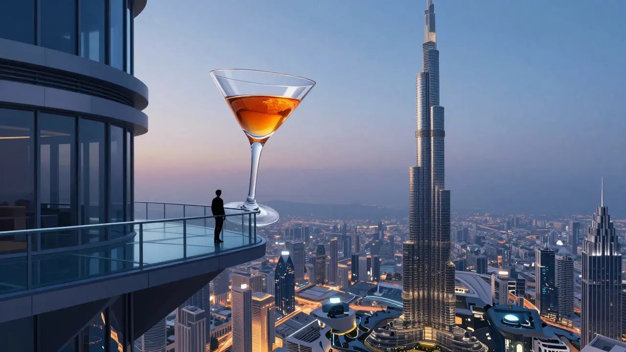 A person standing at the edge of a glass terrace high above Dubai, with the city skyline stretching below.