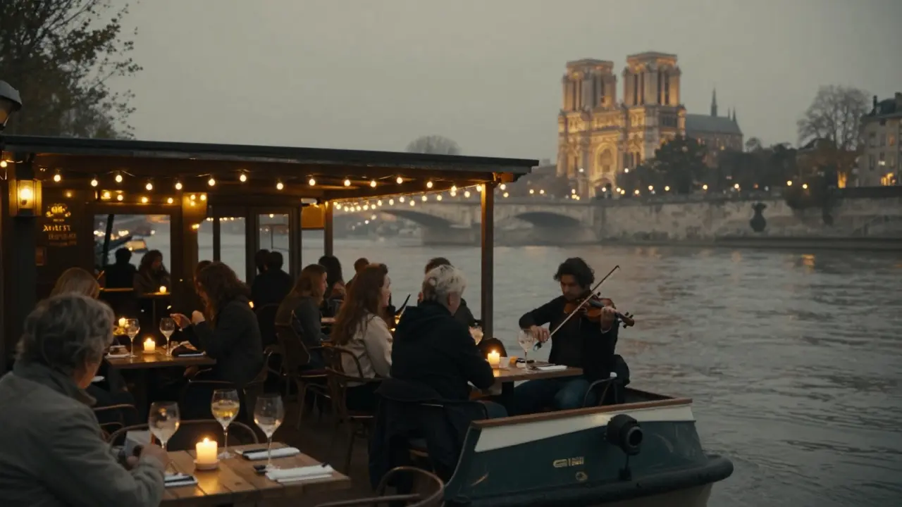 A quiet riverside bar with candlelight and violin music, the Île de la Cité illuminated across the water.