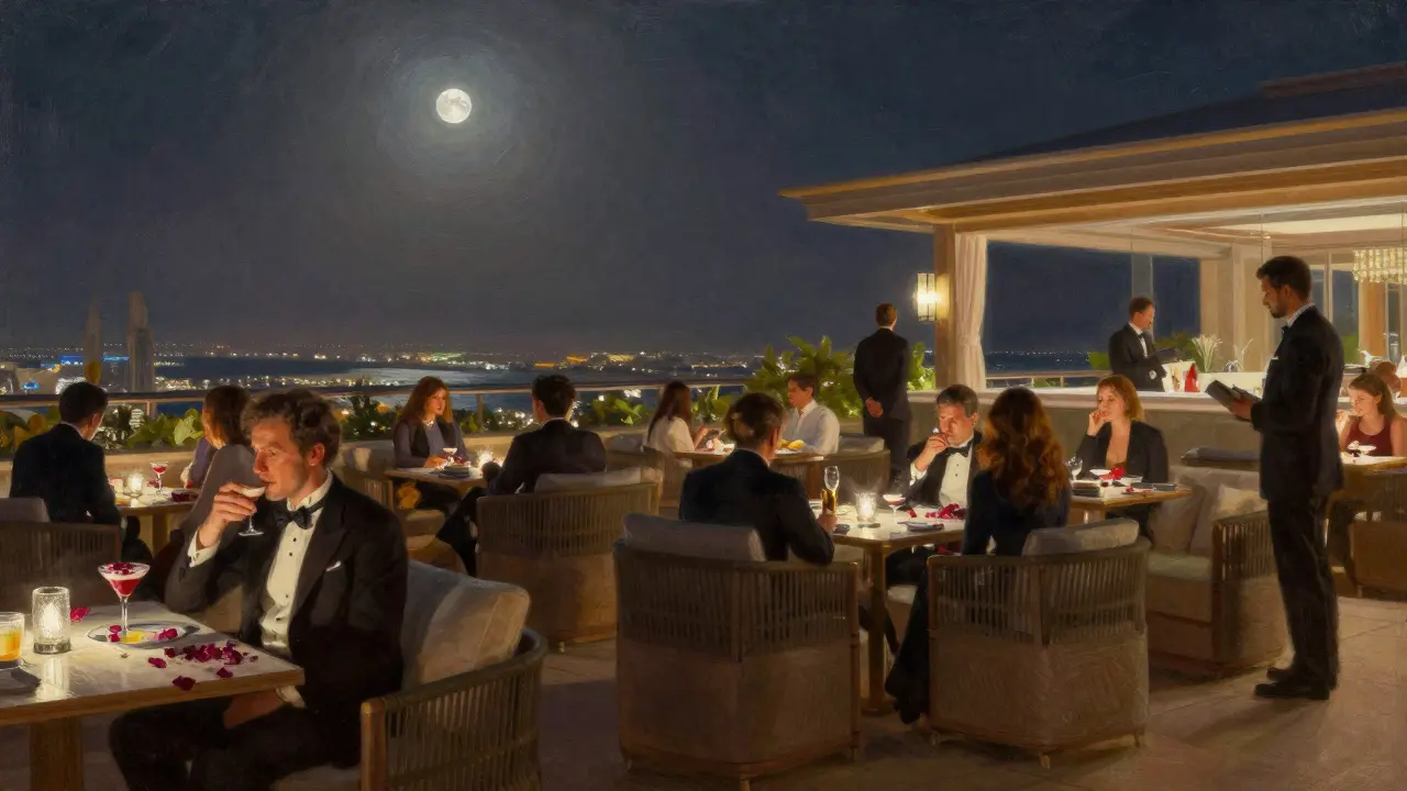 A quiet rooftop terrace with just a few guests sipping custom cocktails under moonlight, no signs or crowds.