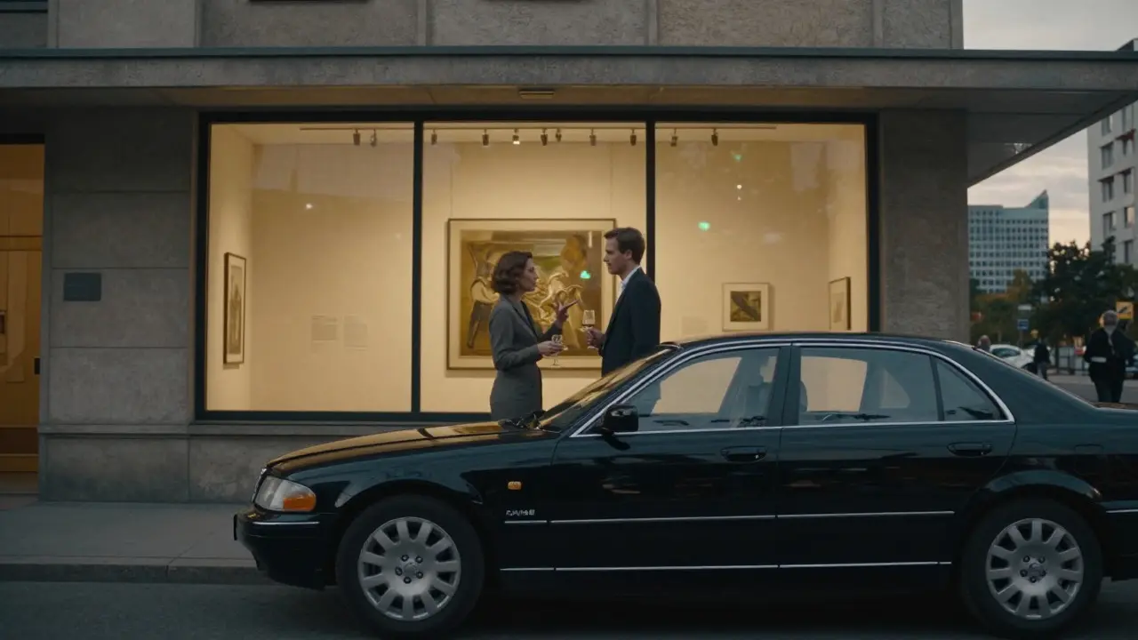 A refined couple shares a quiet moment in a Bauhaus building near Berlin’s Philharmonic, bathed in soft evening light.