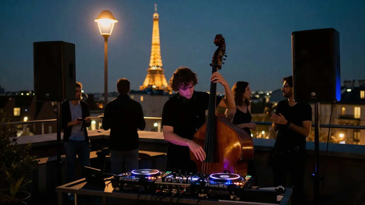 A rooftop fusion performance blends live bass and electronic beats under Parisian night lights.