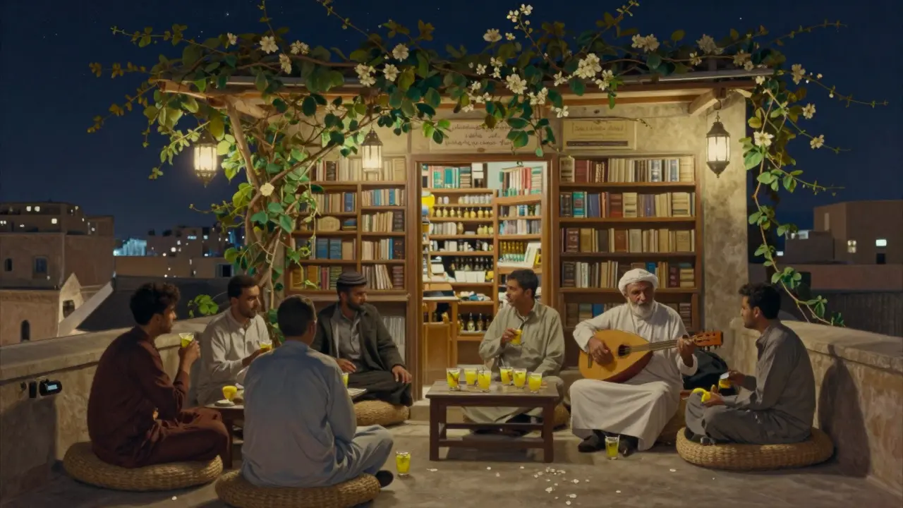 A serene rooftop garden at night with people sipping lemonade as an oud player performs under lanterns and starlight, quiet and peaceful.