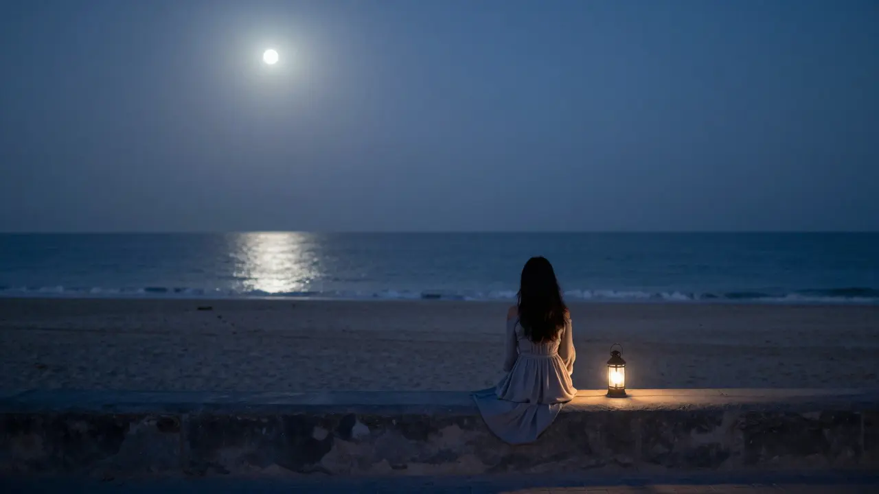 A solitary figure on Jumeirah Beach at night, lantern glowing, call to prayer in the air, serene and introspective under moonlight.