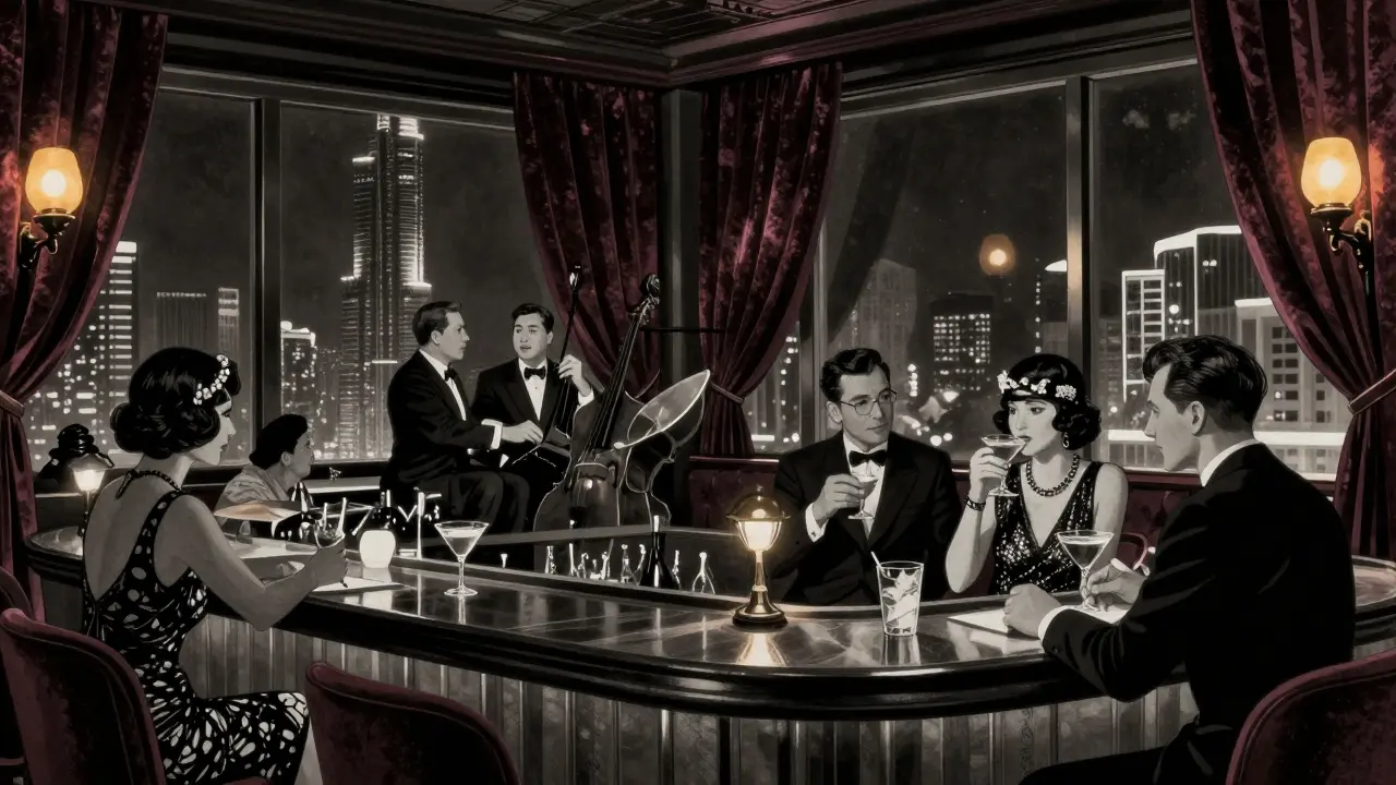 A sophisticated rooftop bar at night with jazz musicians, velvet drapes, and the Burj Khalifa glowing in the distance.