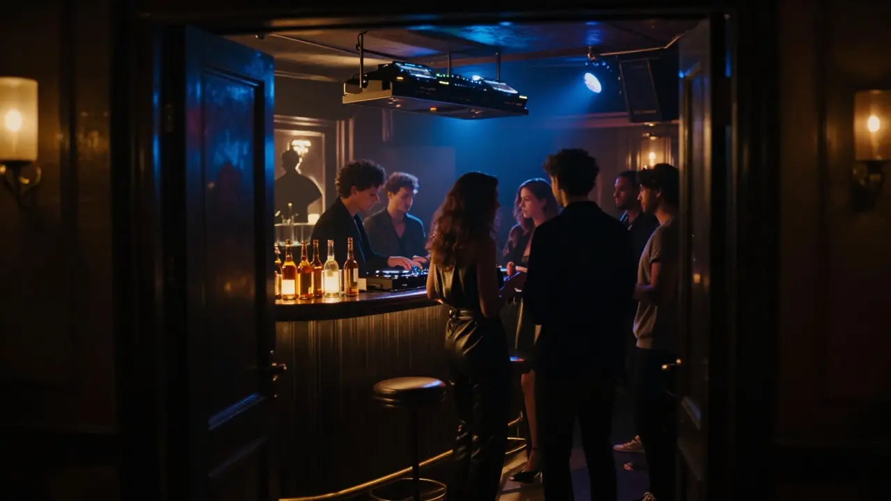 A stylish crowd in a hidden Paris nightclub with dim lighting and a suspended DJ booth.