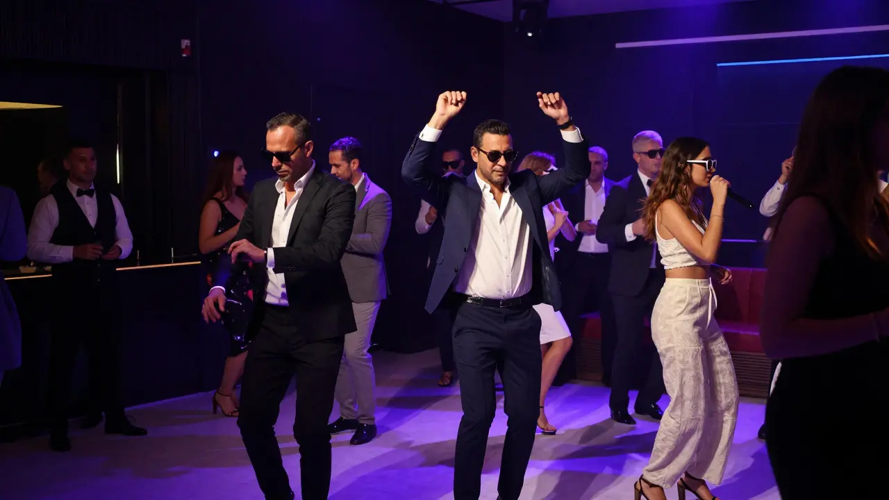 A stylish dance floor at a private club with guests in upscale attire, no phones or logos, bouncer at entrance.