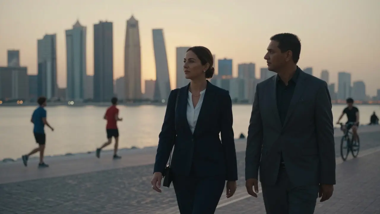 A woman and man walking peacefully along the Corniche in Abu Dhabi at sunset.