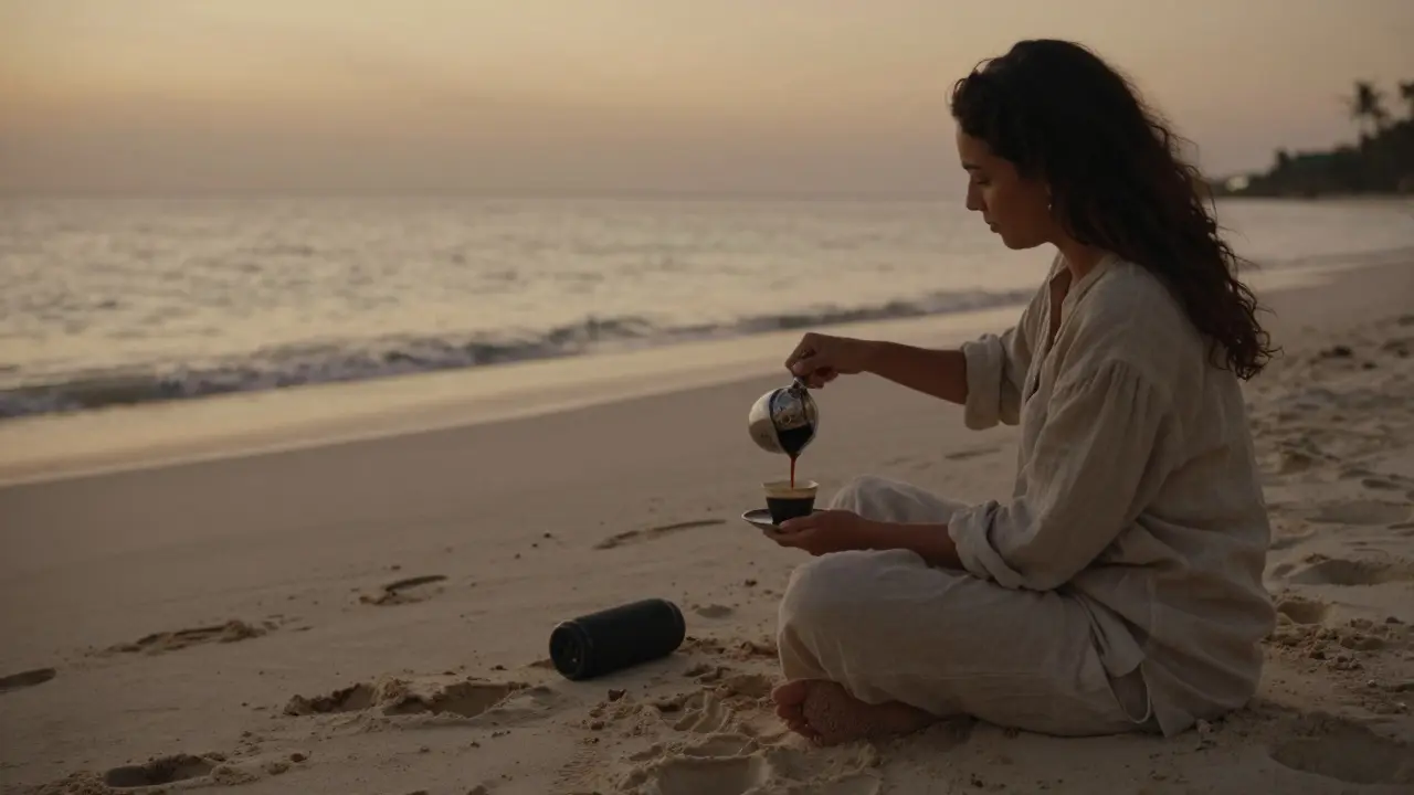 A woman pouring Arabic coffee on a quiet beach at twilight, with ocean waves and distant jazz in the air.