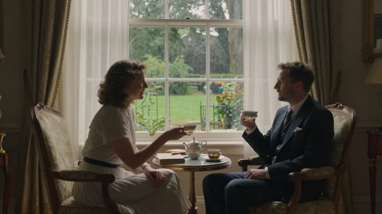 A woman serving tea in a sunlit garden room, books and rain-drenched Hyde Park visible through the window.
