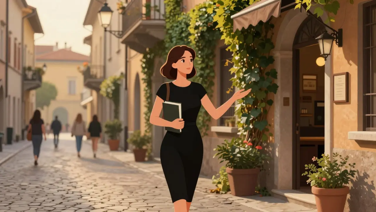 An elegant woman guiding a client through the historic Brera district at golden hour.