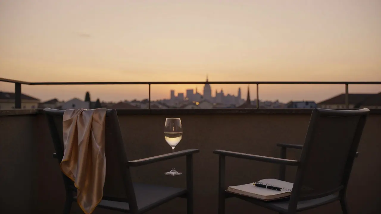 An empty balcony in Brera at sunset with a scarf and open notebook, suggesting quiet companionship.