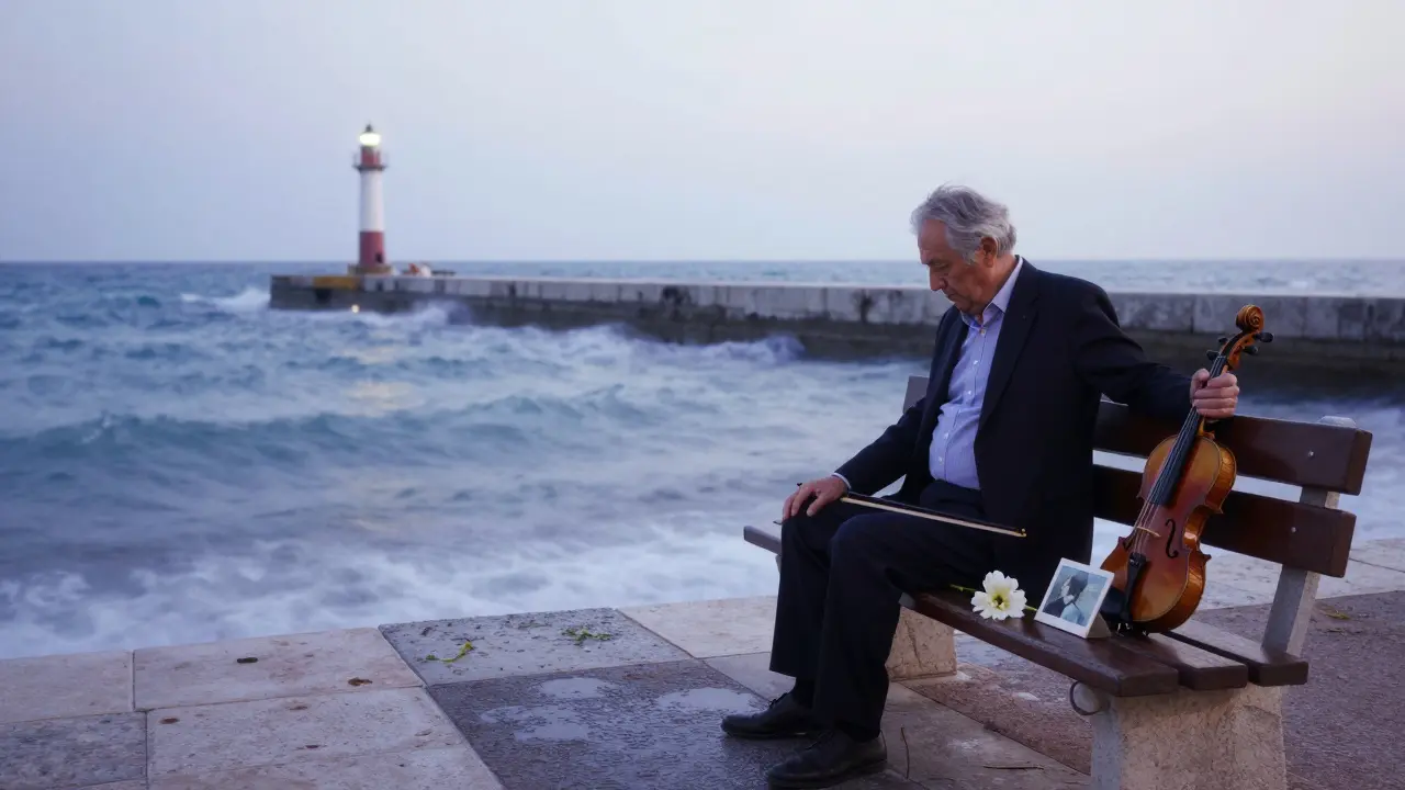 An empty harbor bench at 3 a.m. with a violinist, a flower, and a photo beside him.