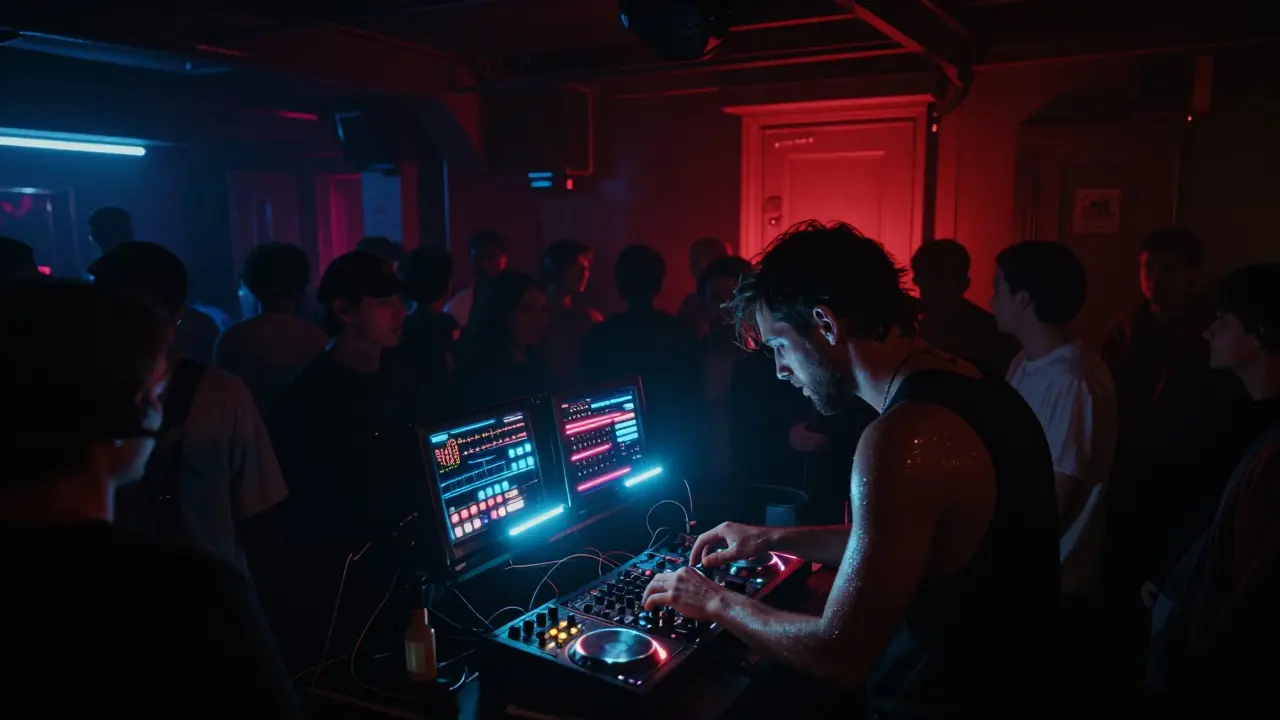 An underground electro set pulses in darkness, with glowing synths and a silent, immersed crowd.
