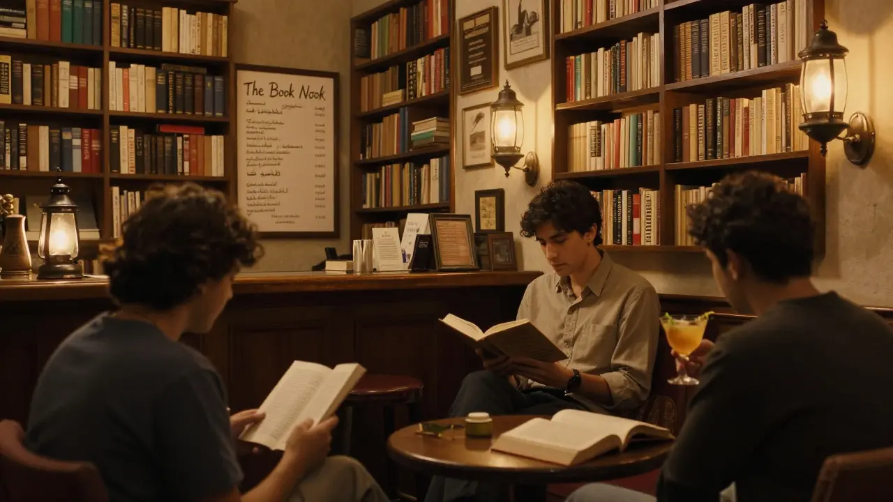 Bookstore turned lounge at night, a guest reading while sipping a cocktail, shelves of poetry lining the walls.