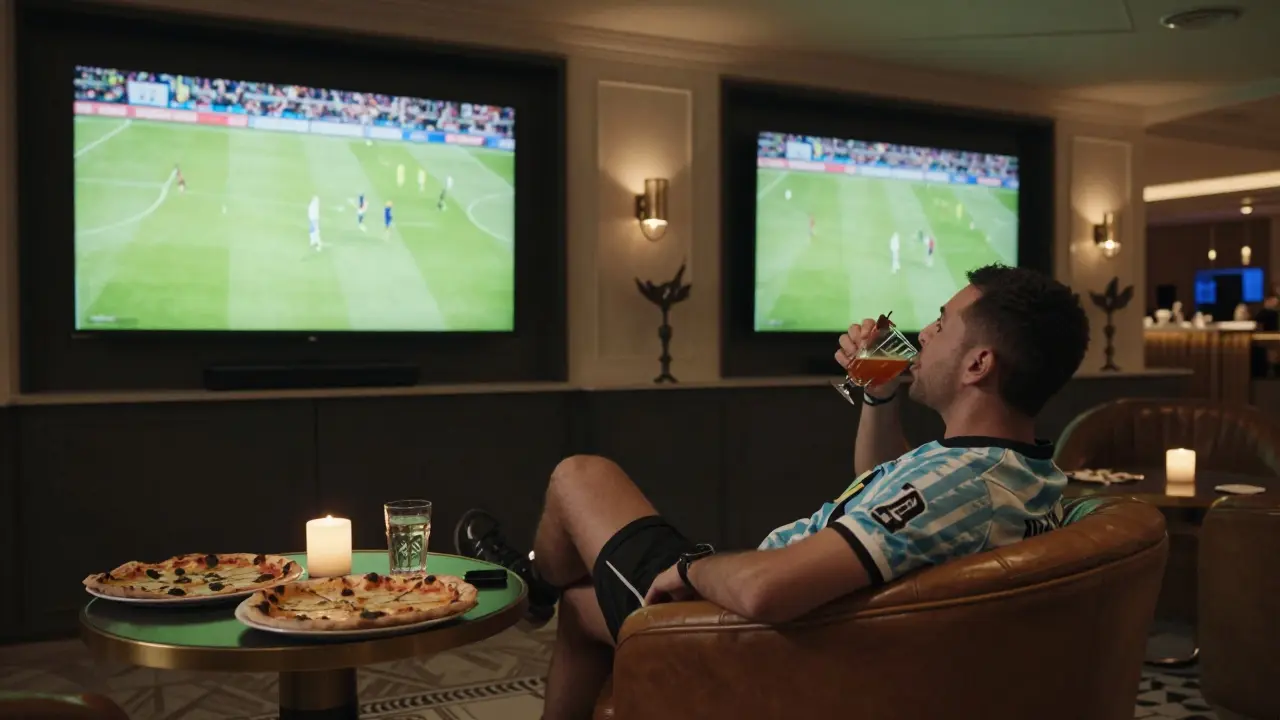 Calm atmosphere at Barberini in Dubai Marina, a fan watching a football match on a crystal-clear 4K screen.