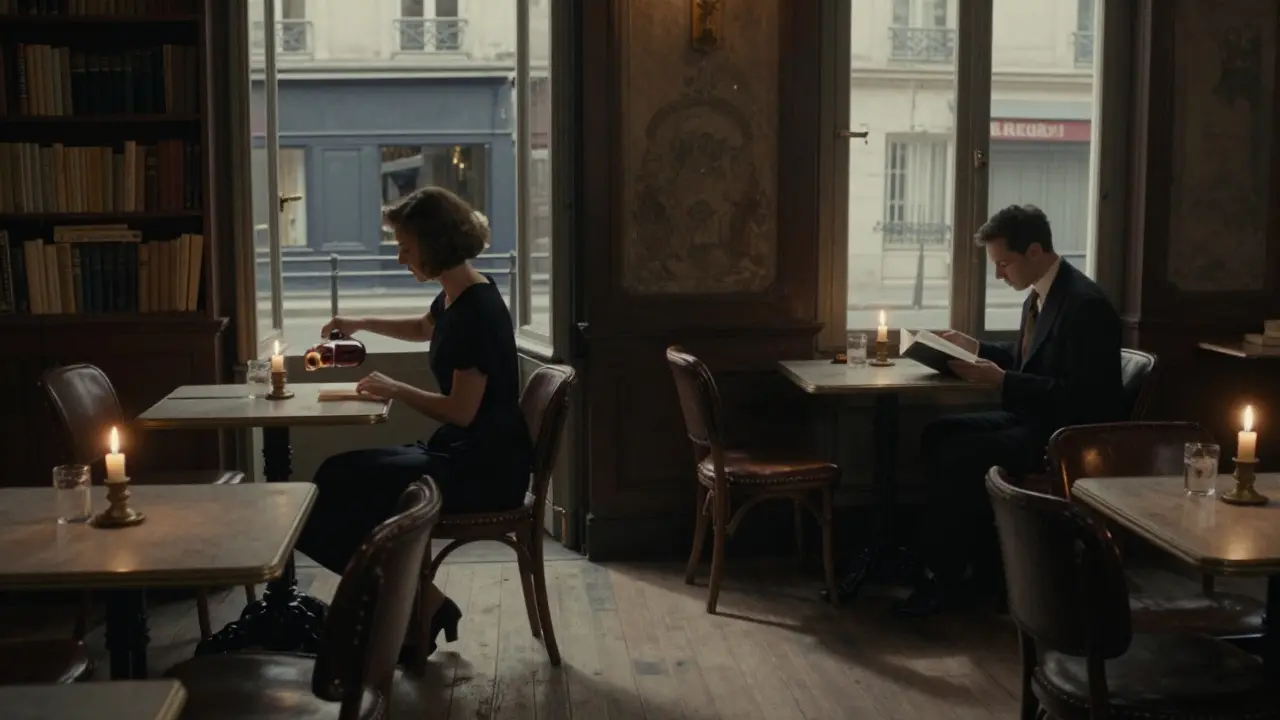 Candlelit bar with a woman pouring wine beside shelves of old books, quiet and intimate