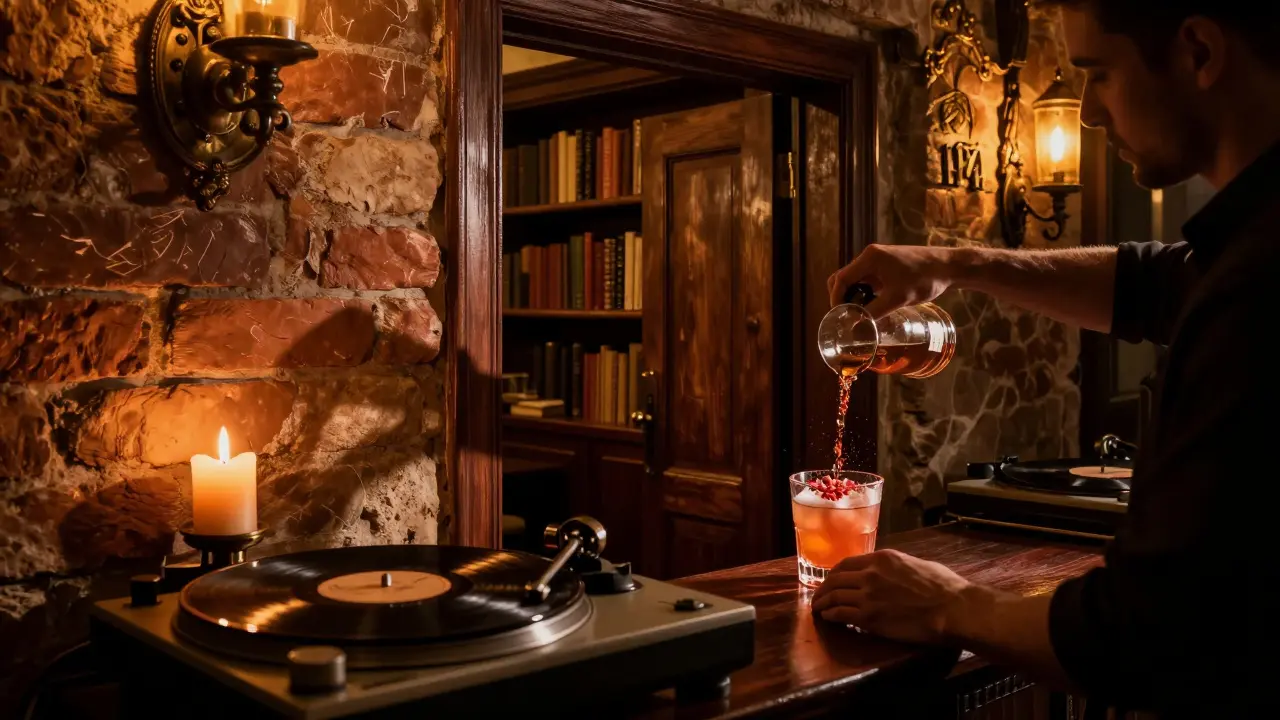 Candlelit hidden bar with vintage vinyl spinning, bartender pouring a smoky cocktail in a moody interior.