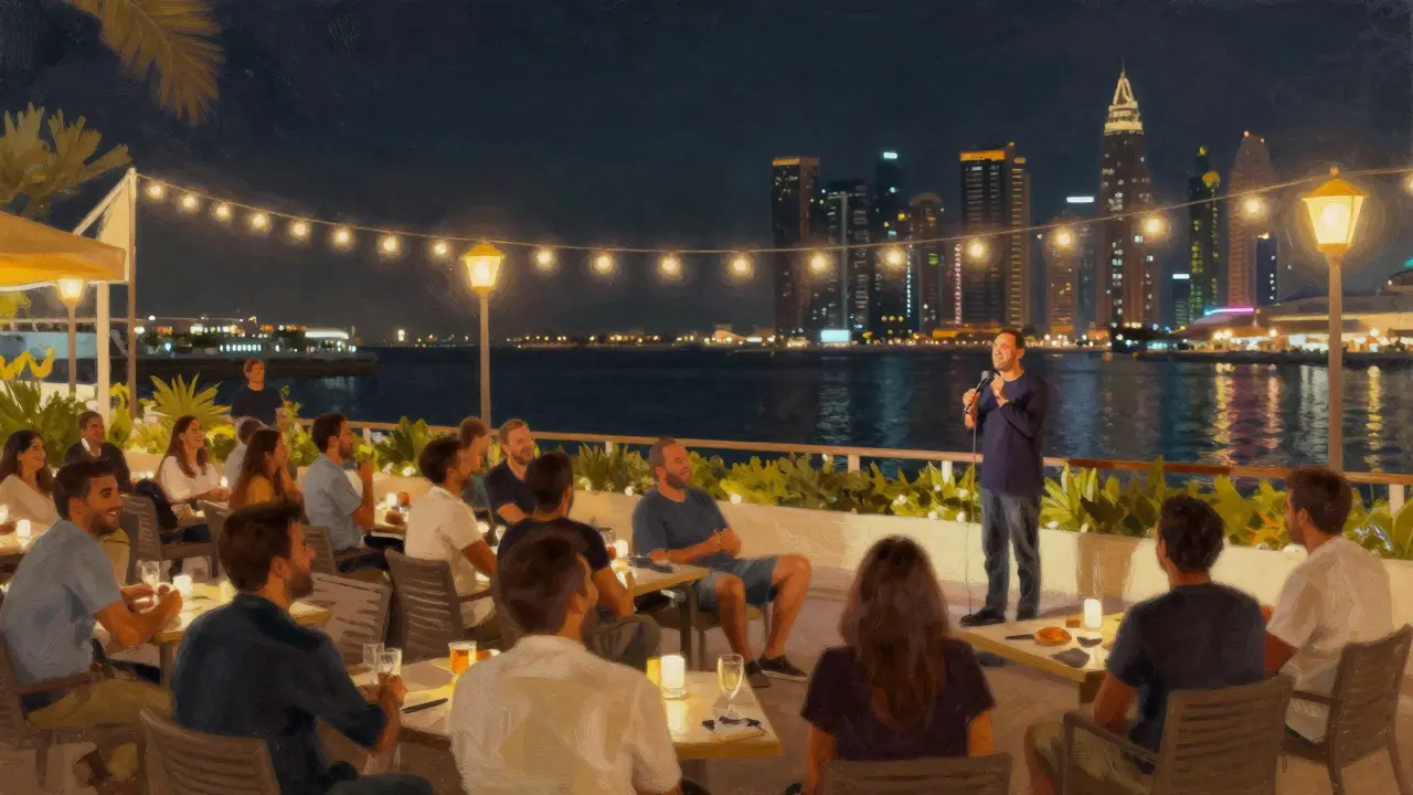 Casual comedy show on Dubai Marina outdoor terrace with city skyline.