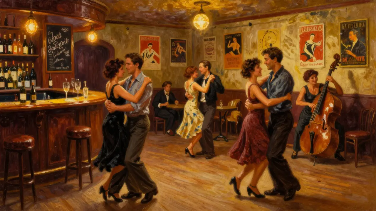 Couples dancing to live jazz in a historic Paris dance hall filled with warm golden light.