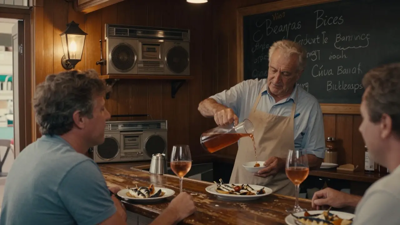 Cozy local bar Bar du Port with wooden interiors, sardines on plates, and a flickering lantern.