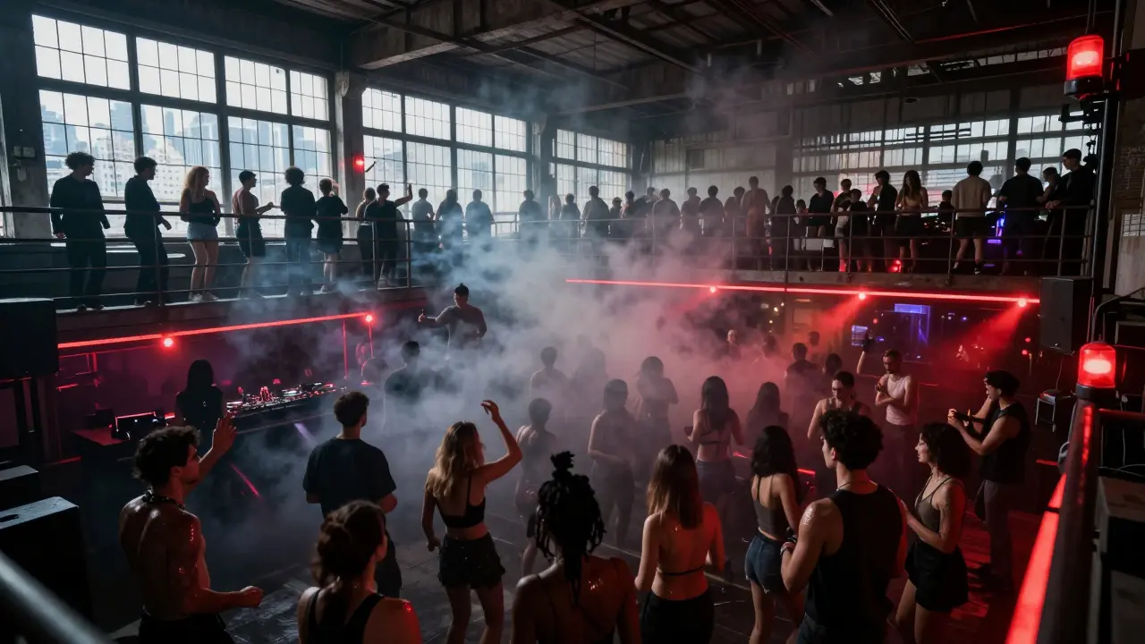 Crowd dancing in a massive underground club with red strobe lights and industrial atmosphere.