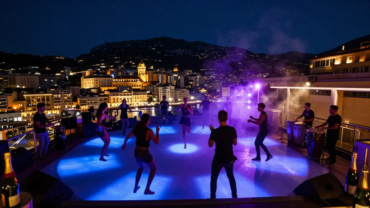 Dancers under starry skies on a rooftop club with views of Monaco's harbor and palace.
