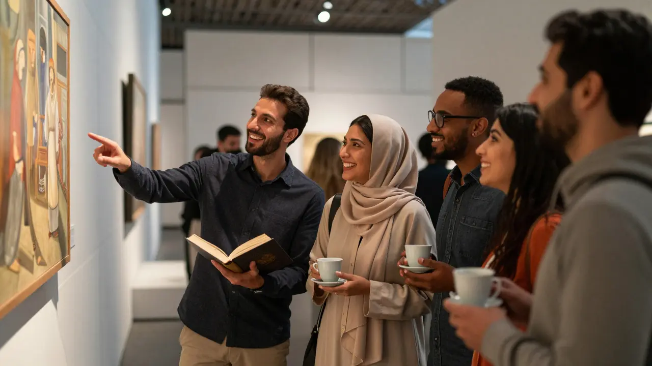 Diverse people enjoying a cultural event at Louvre Abu Dhabi, laughing and engaging with art under soft lighting.