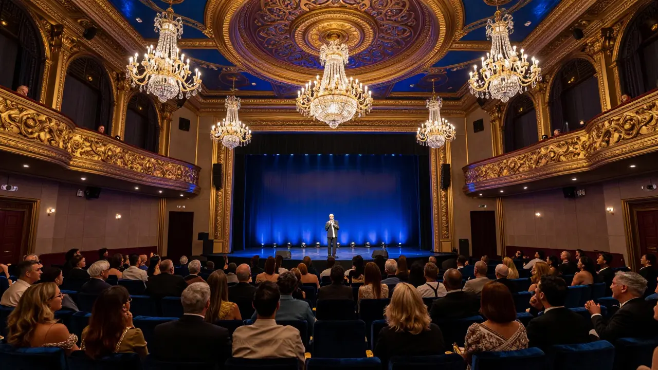 Elegant comedy performance in Dubai Opera's grand auditorium with audience.