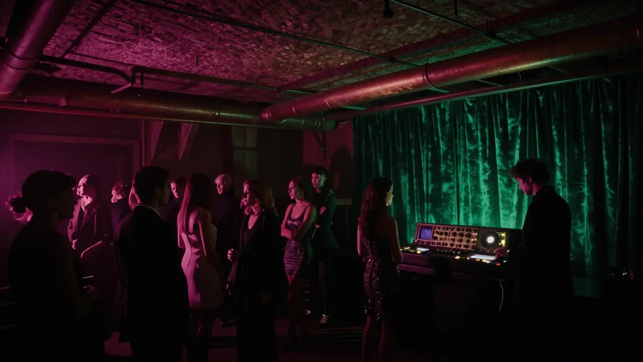 Elegant underground club beneath La Scala with soft colored lights and a sophisticated crowd in quiet rhythm.