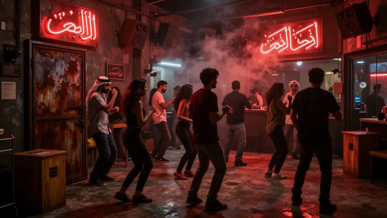 Hidden warehouse club with neon Arabic signs and pulsing sound system, diverse crowd dancing under red lighting.