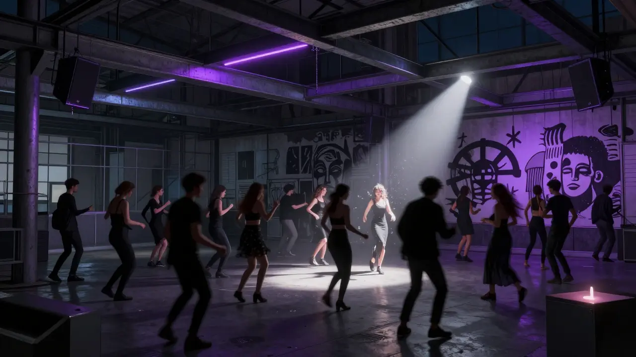 Industrial warehouse party at Officine Braidense with pulsing neon lights and a diverse crowd dancing in black attire.