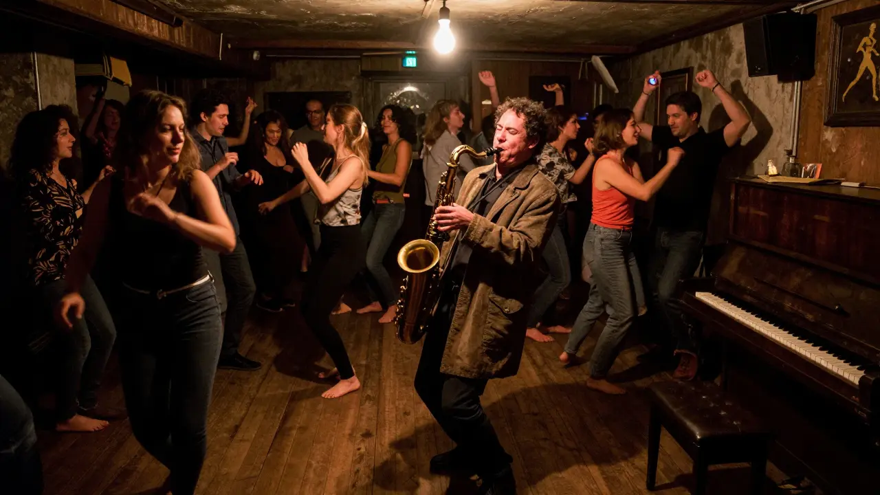 Live jazz performance in a dimly lit underground club with a saxophonist and diverse crowd dancing.