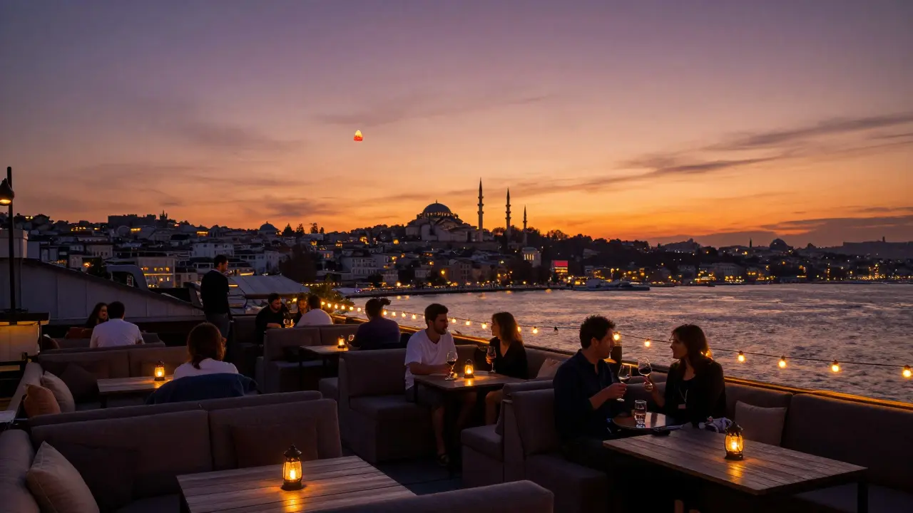 Locals and travelers relax on a cozy rooftop bar with string lights, enjoying wine as the Golden Horn and Istanbul's skyline glow at sunset.