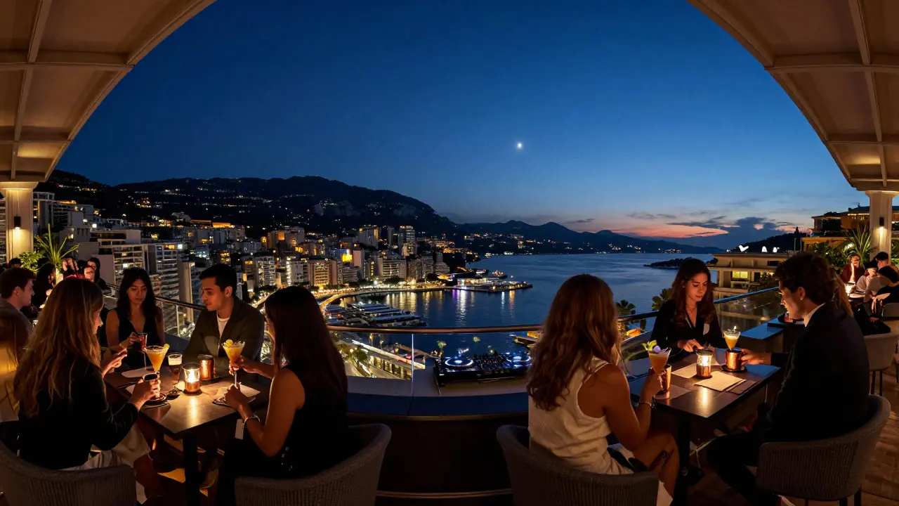 Luxurious rooftop bar at Le Rêve with glowing harbor views and guests sipping cocktails.