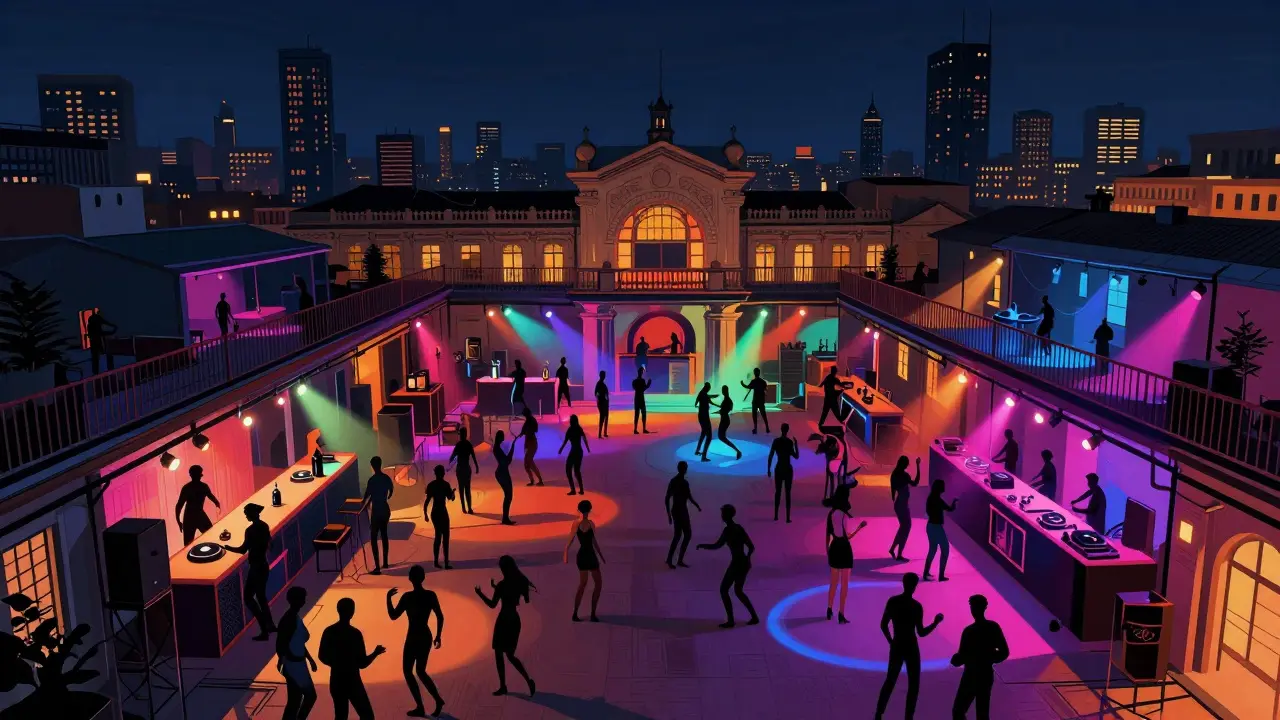 Magazzini Generali nightclub at night with three glowing dance floors and rooftop views of Milan’s skyline.