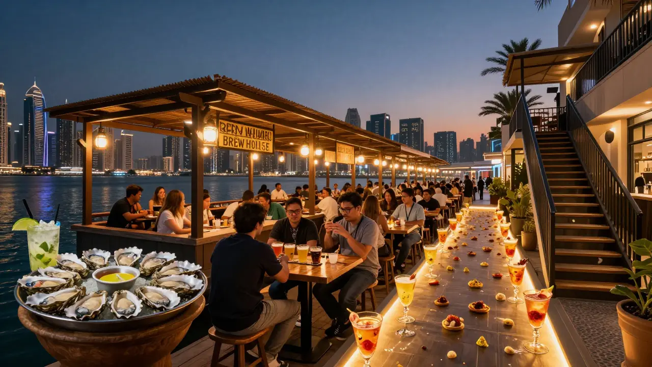 Panoramic view of Dubai's three top happy hour spots: Marina, Al Quoz, and The Attic, connected by floating drinks and food.
