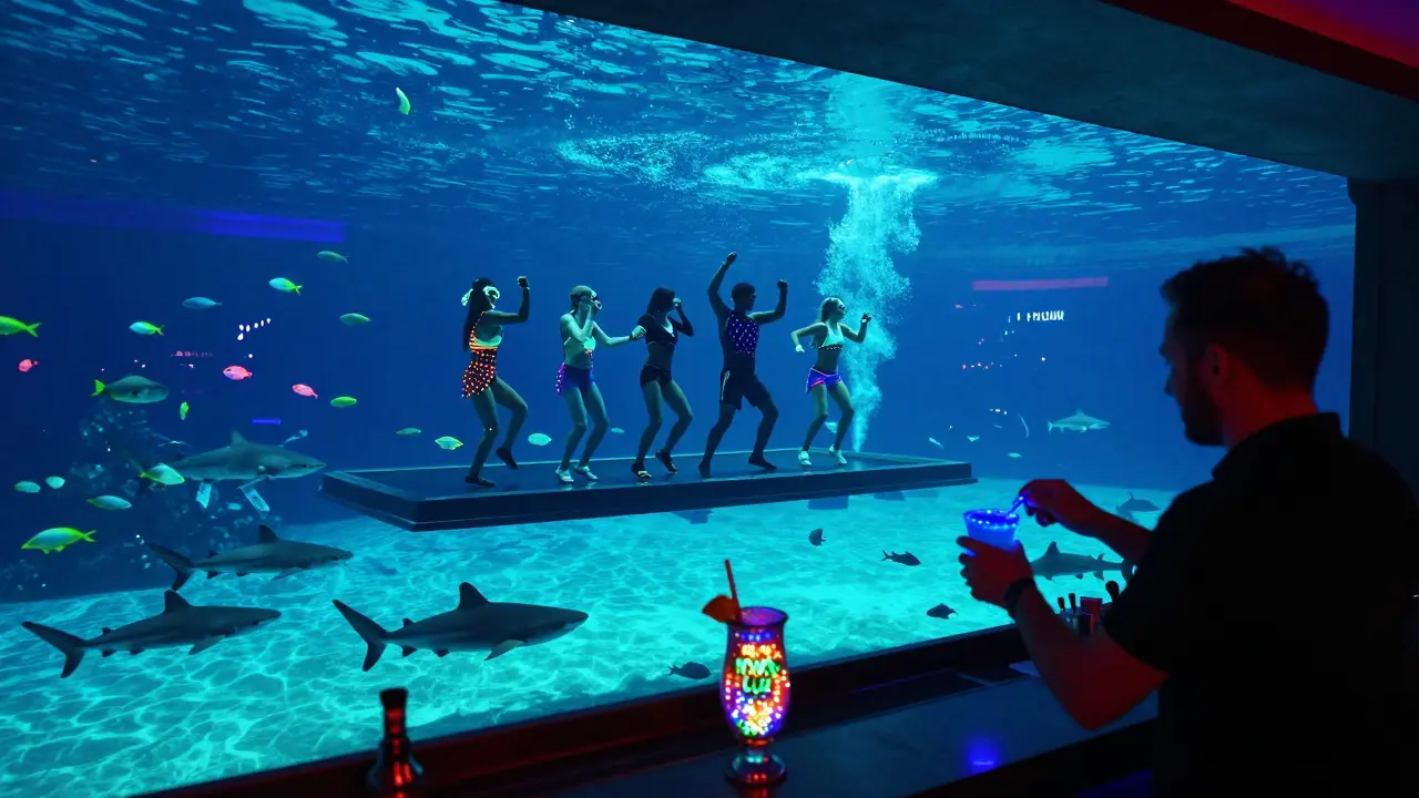 People dance on a floating platform above an aquarium filled with sharks and colorful fish, glowing lights in the water.