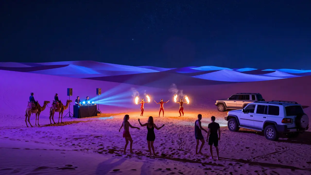 People dancing under starry skies at a desert party with LED-lit dunes and fire dancers.