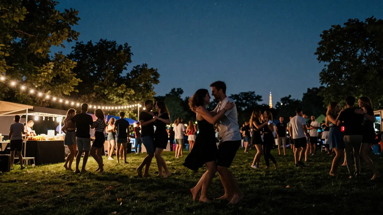 People dancing under stars at an outdoor queer party in Paris with string lights and food stalls.